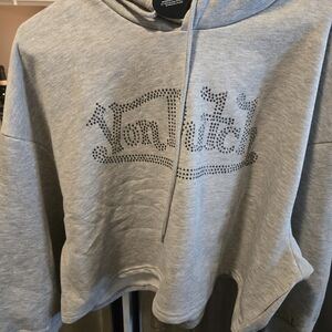 NWT Von Dutch Gray Cropped Hoodie with Rhinestone Details